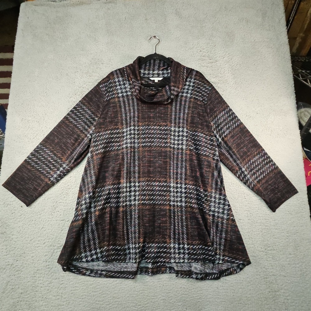 John Mark Tunic Sweater Womens 2X Plaid Cowl Neck Pockets Button Back - Picture 2 of 15